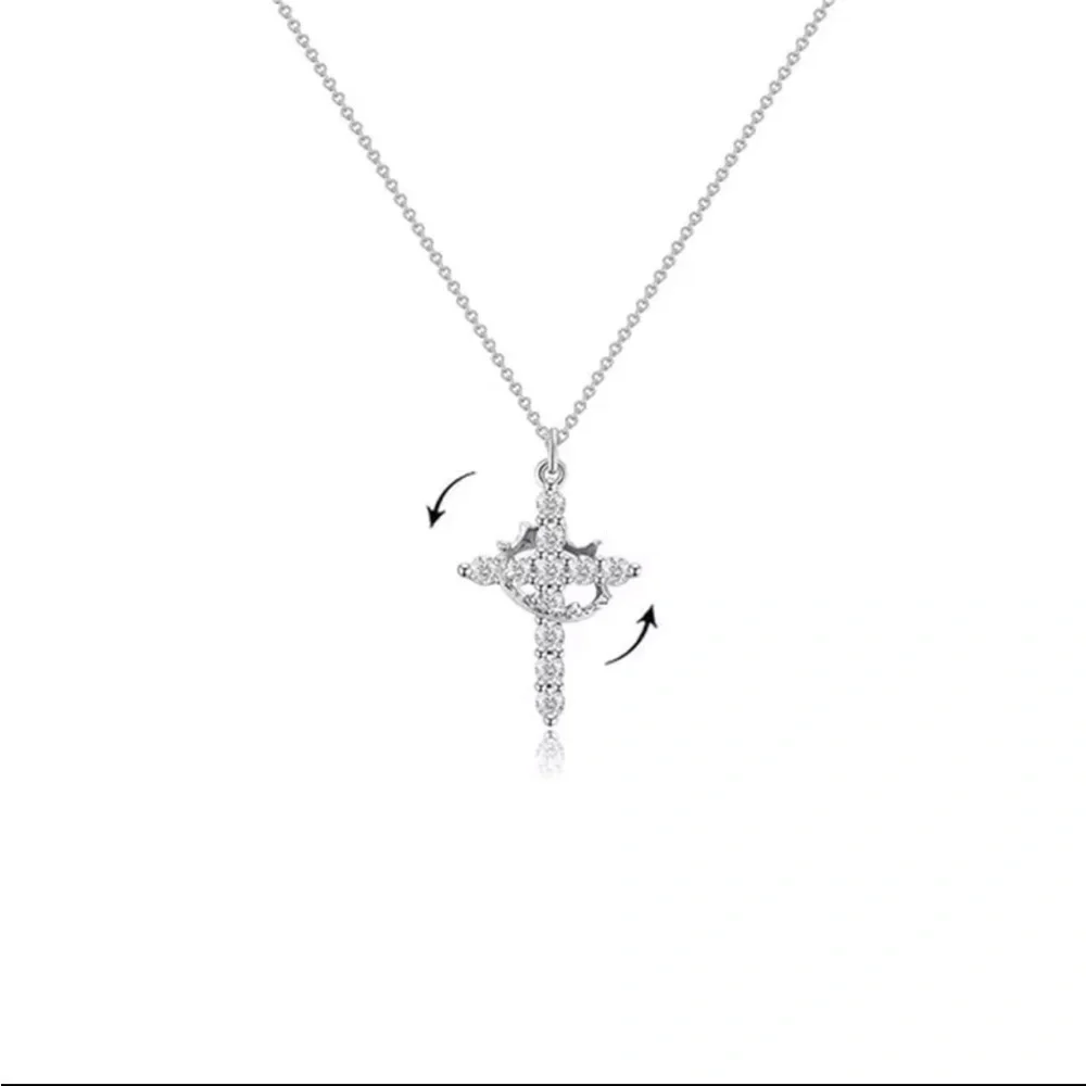 Silver Zircon Cross Pendant Necklace w/ Rotatable Crown 18” Chain Gifts For Her